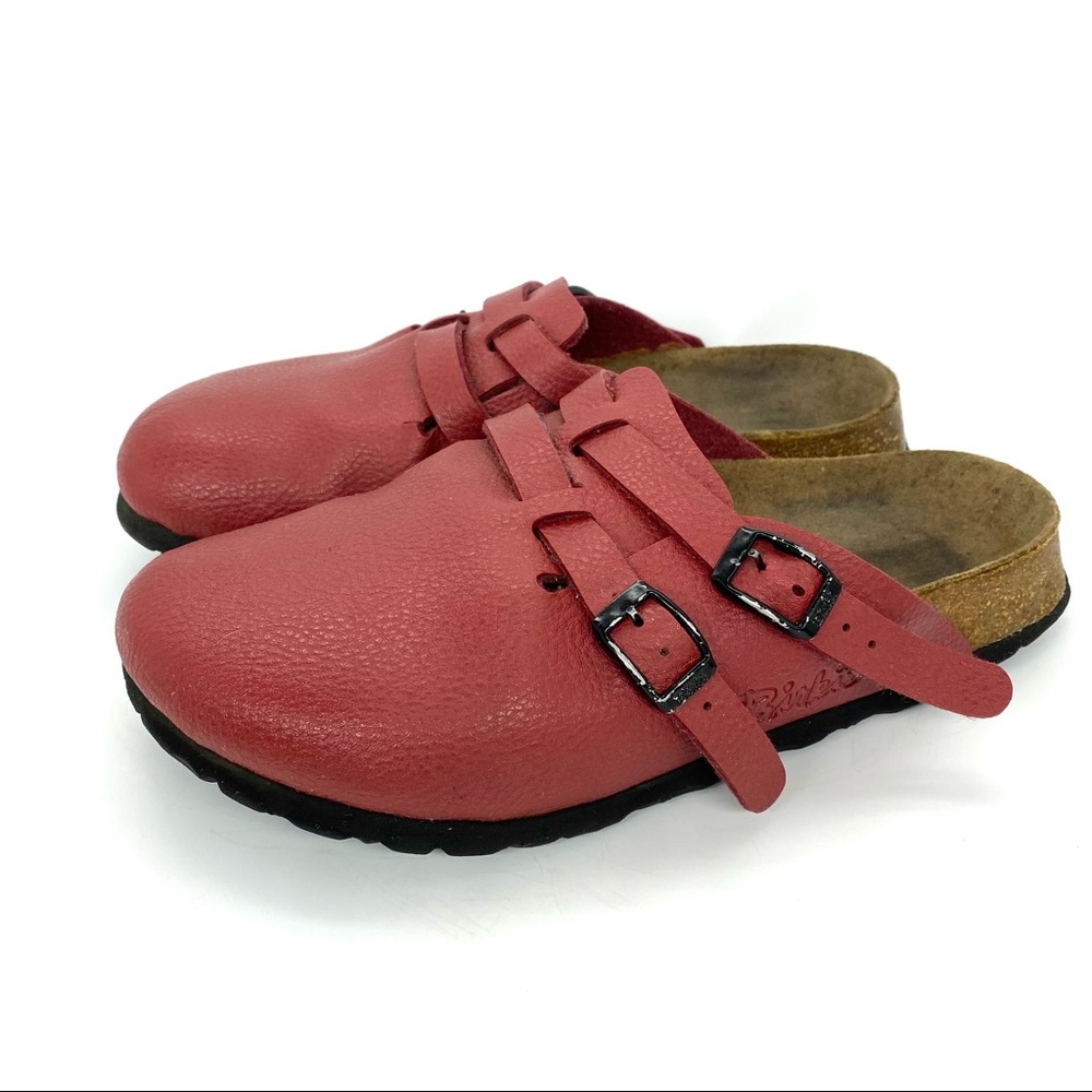 Vintage Birkenstock Birki’s Red Pebble Camden Double Buckle Leather Mules Size 6